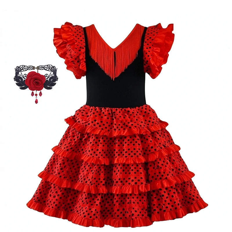 Girls Spanish Flamenco Dance Cosplay Long Dress Kids Carnival Ballroom Stage Outfit for Festival Theme Party Dress‑Up