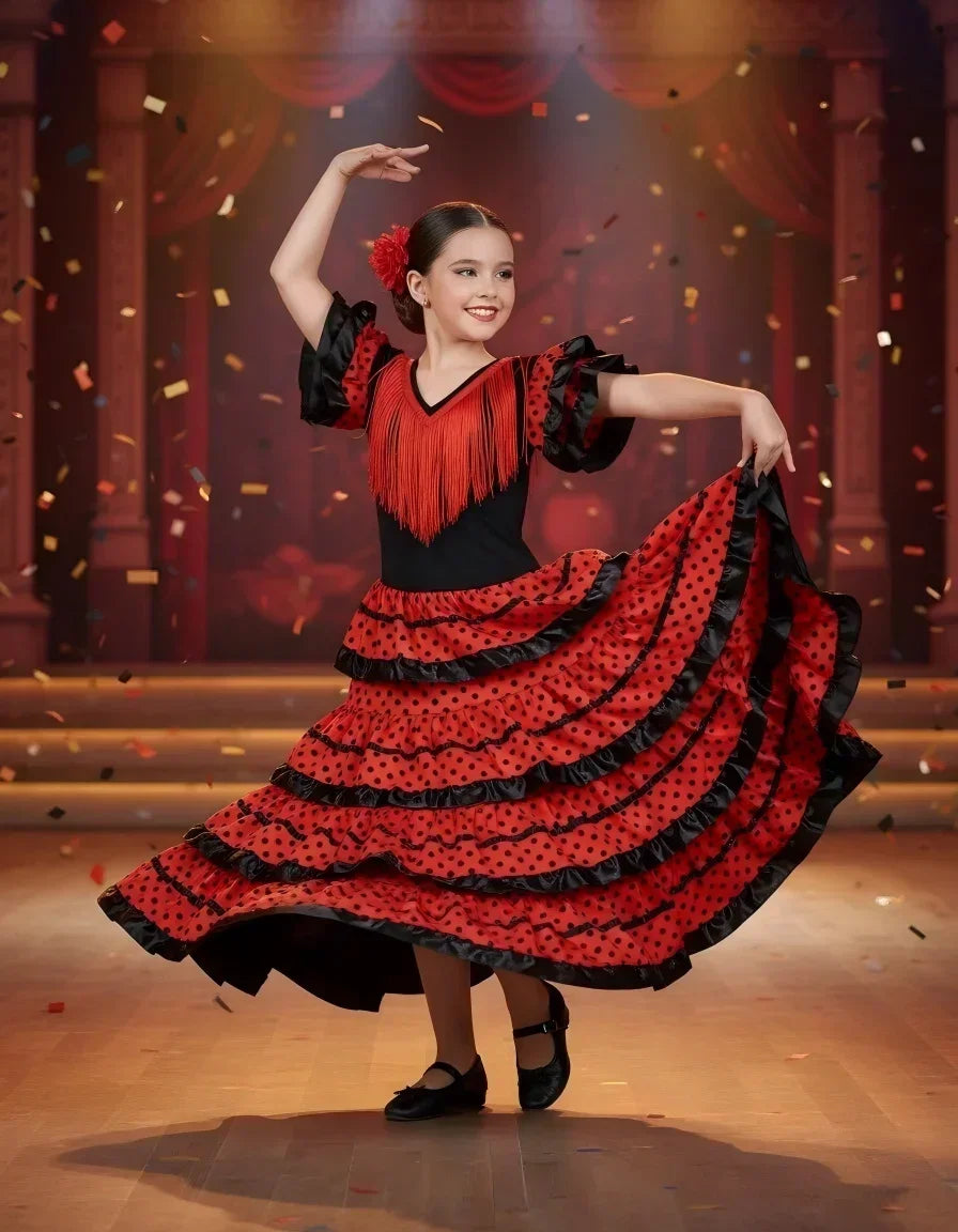 Girls Spanish Flamenco Dance Cosplay Long Dress Kids Carnival Ballroom Stage Outfit for Festival Theme Party Dress‑Up