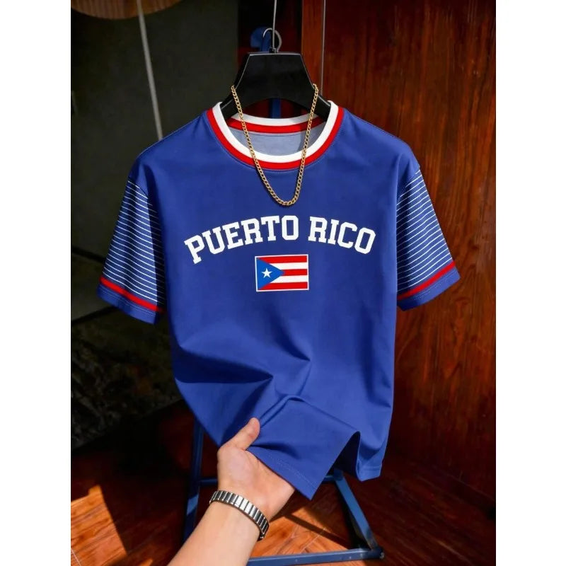2026 Puerto Rico Patriotic Letter 3D Print Striped Raglan Sleeve Crew Neck T-Shirt Unisex Casual Streetwear Short Sleeve Top