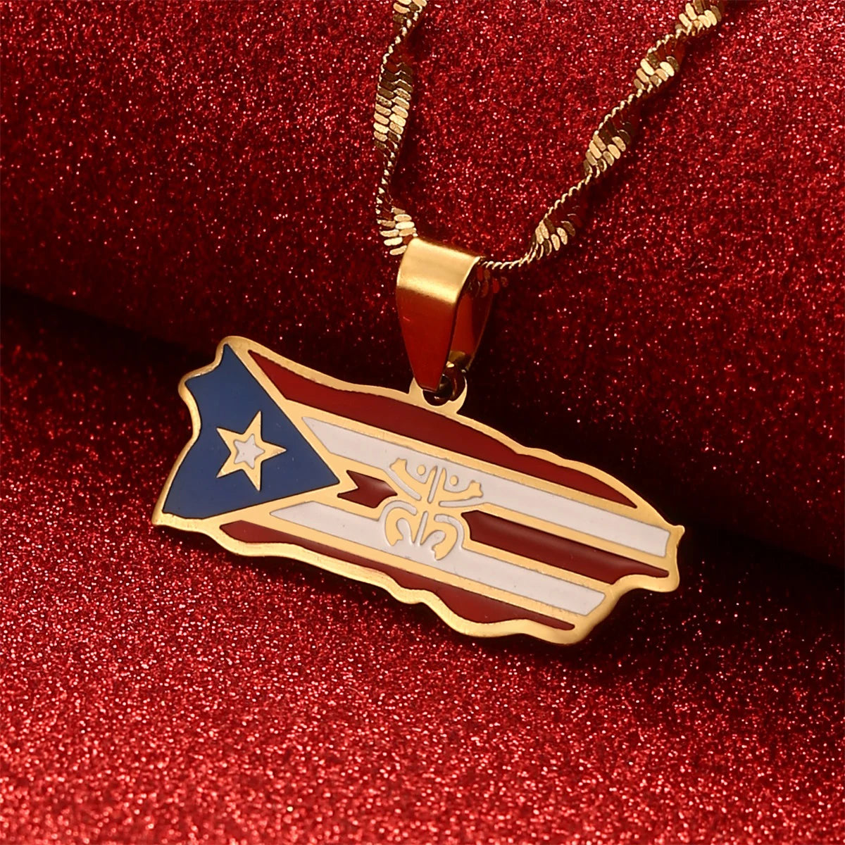Puerto Rico Map Frog Colored Flag Pendant Necklaces Gold Color PR Puerto Ricans Jewelry