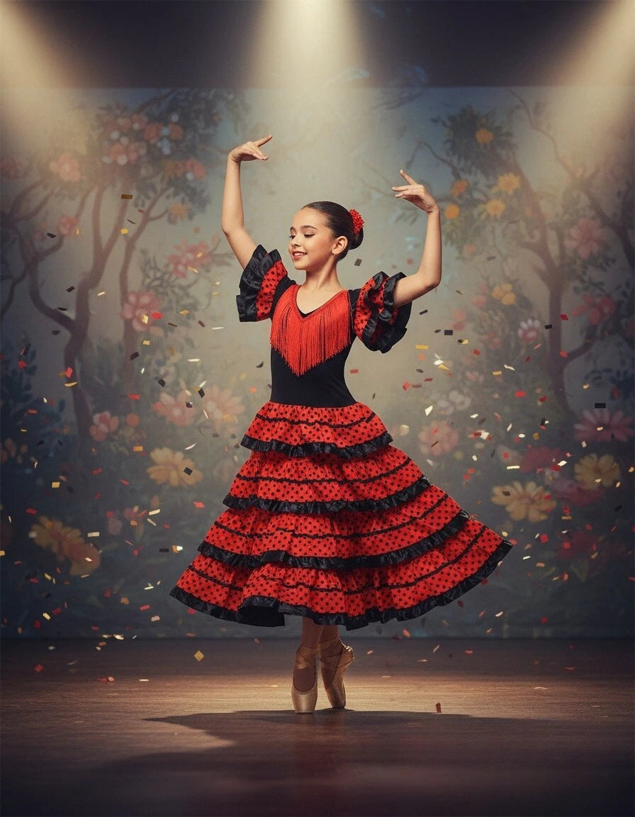 Girls Spanish Flamenco Dance Cosplay Long Dress Kids Carnival Ballroom Stage Outfit for Festival Theme Party Dress‑Up