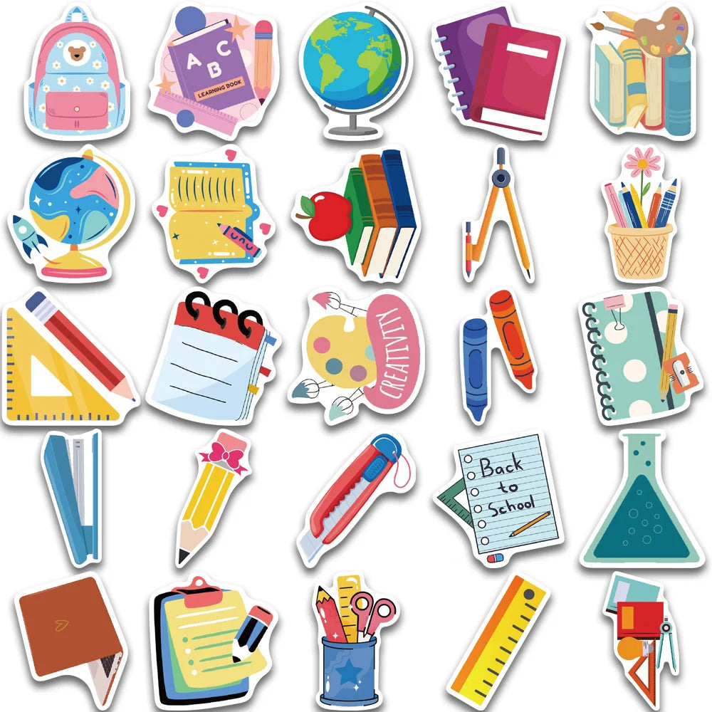 50pcs school supplies series stickers, suitable for decorating notebooks, suitcases, phone cases, waterproof stickers