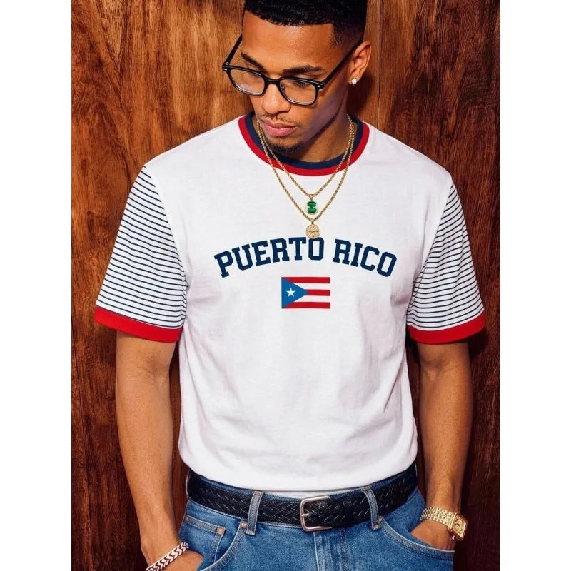 2026 Puerto Rico Patriotic Letter 3D Print Striped Raglan Sleeve Crew Neck T-Shirt Unisex Casual Streetwear Short Sleeve Top