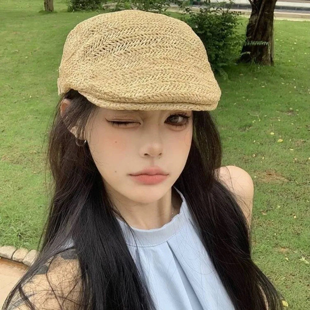 Berets for Men Women Breathable Straw Spring Summer Sun Hat Artist Painter Beret Hat Adjust Flat Cap Unisex Beret Cap