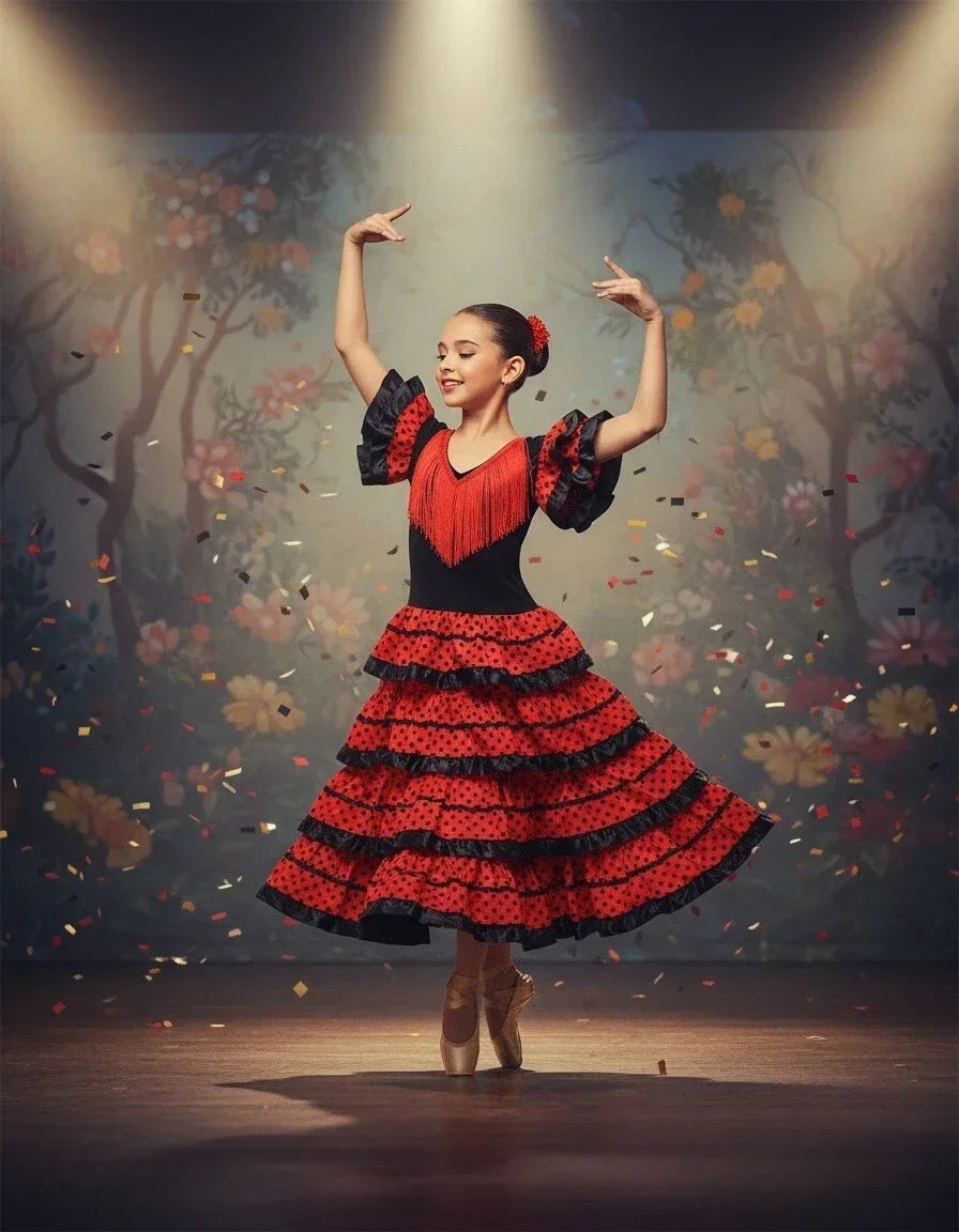 Girls Spanish Flamenco Dance Cosplay Long Dress Kids Carnival Ballroom Stage Outfit for Festival Theme Party Dress‑Up