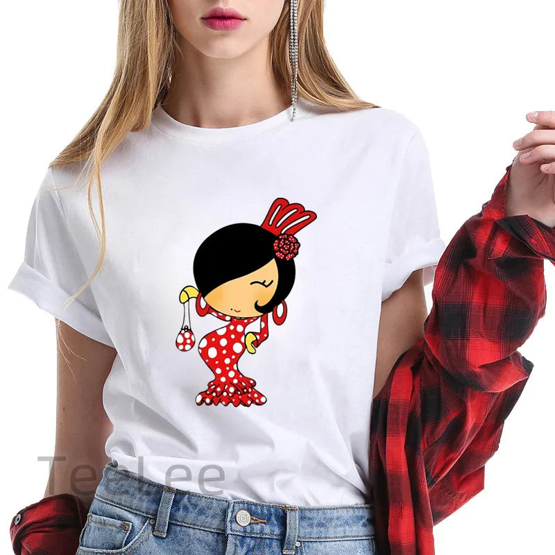 Flamenco T-shirt trends for women's clothing, summer short-sleeved printed graphics, travel ladies, Y2k top T-shirt, T-shirt