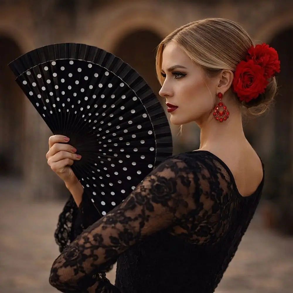 Elegant Accessory Wood Flamenco Fan Handheld Classical Spanish Fan Dots Pattern Decorative Hand Fan Dance Parties