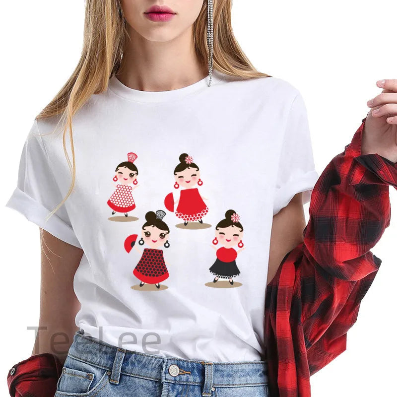 Flamenco T-shirt trends for women's clothing, summer short-sleeved printed graphics, travel ladies, Y2k top T-shirt, T-shirt