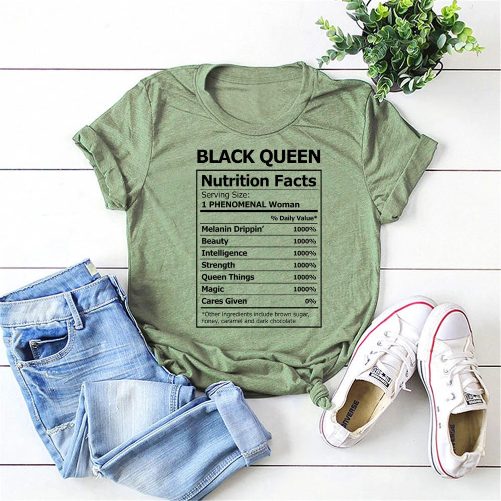 2020 Black Queen Nutritional Facts T-Shirt Black Girl Magic Shirt Women Melanin Shirts Black Power Queen Graphic Tee