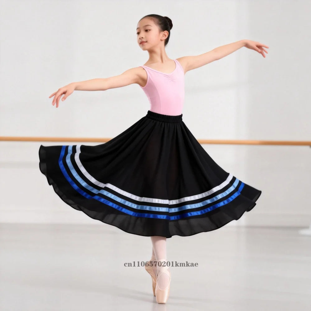 Spanish Traditional Flamenco Dance Skirts Girls Chiffon Elastic Waist Full Circle Ribbons Skirt Large Swing Performing Skirts
