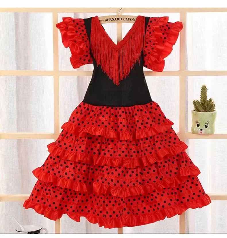 Girls Spanish Flamenco Dance Cosplay Long Dress Kids Carnival Ballroom Stage Outfit for Festival Theme Party Dress‑Up
