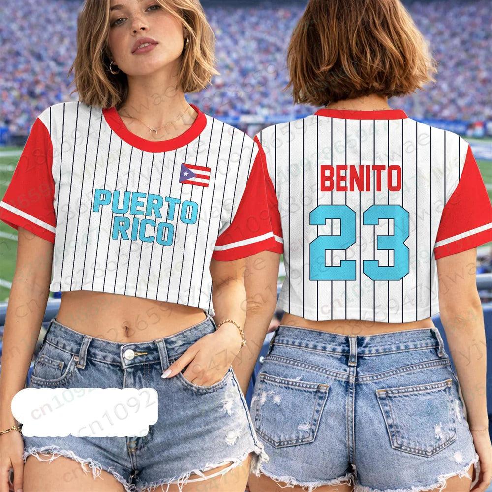 Puerto Rico Crop Top Jersey Puerto Rico Benito Rugby Tee Fashion Y2k Top Summer Women'S Sexy Crop Top Women'S T-Shirt
