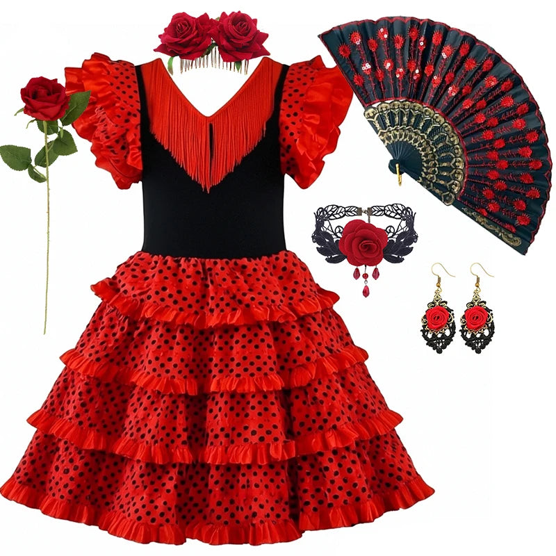 Girls Spanish Flamenco Dance Cosplay Long Dress Kids Carnival Ballroom Stage Outfit for Festival Theme Party Dress‑Up