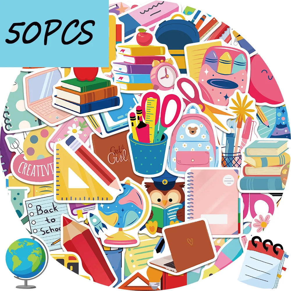 50pcs school supplies series stickers, suitable for decorating notebooks, suitcases, phone cases, waterproof stickers