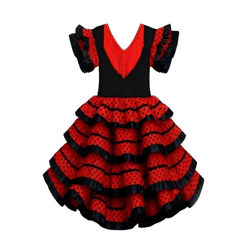 Girls Spanish Flamenco Dance Cosplay Long Dress Kids Carnival Ballroom Stage Outfit for Festival Theme Party Dress‑Up