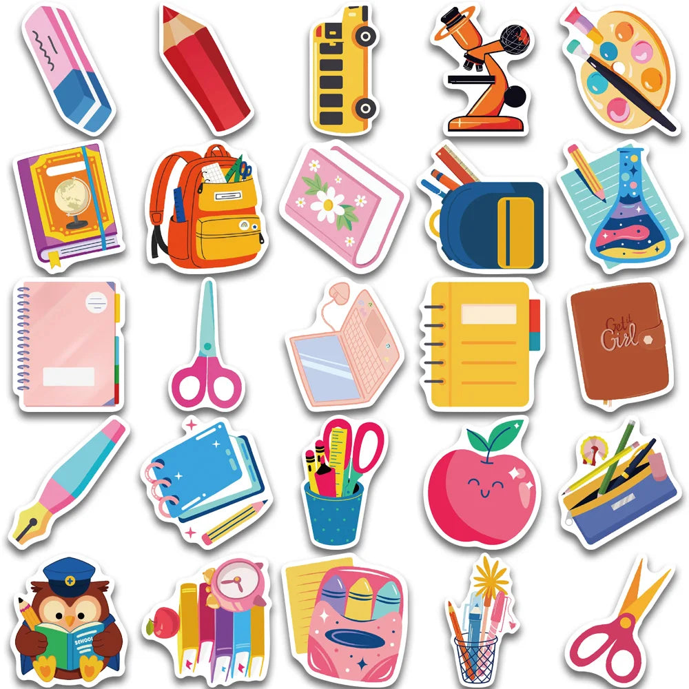 50pcs school supplies series stickers, suitable for decorating notebooks, suitcases, phone cases, waterproof stickers