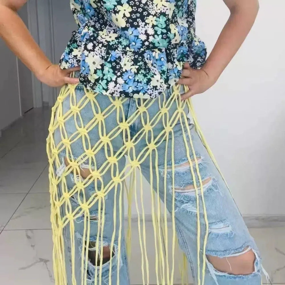 Handwoven Mesh Tassel Waist Belt Woven Ethnic Ancient Waist Decoration Versatile Adjustable Belted Skirt Women's Fashion
