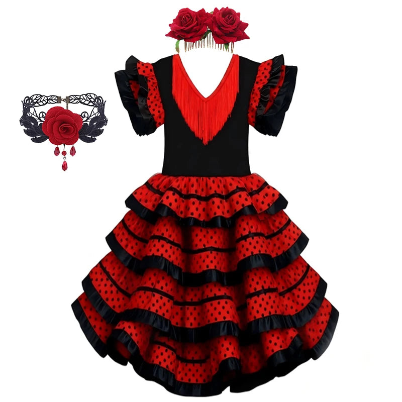 Girls Spanish Flamenco Dance Cosplay Long Dress Kids Carnival Ballroom Stage Outfit for Festival Theme Party Dress‑Up
