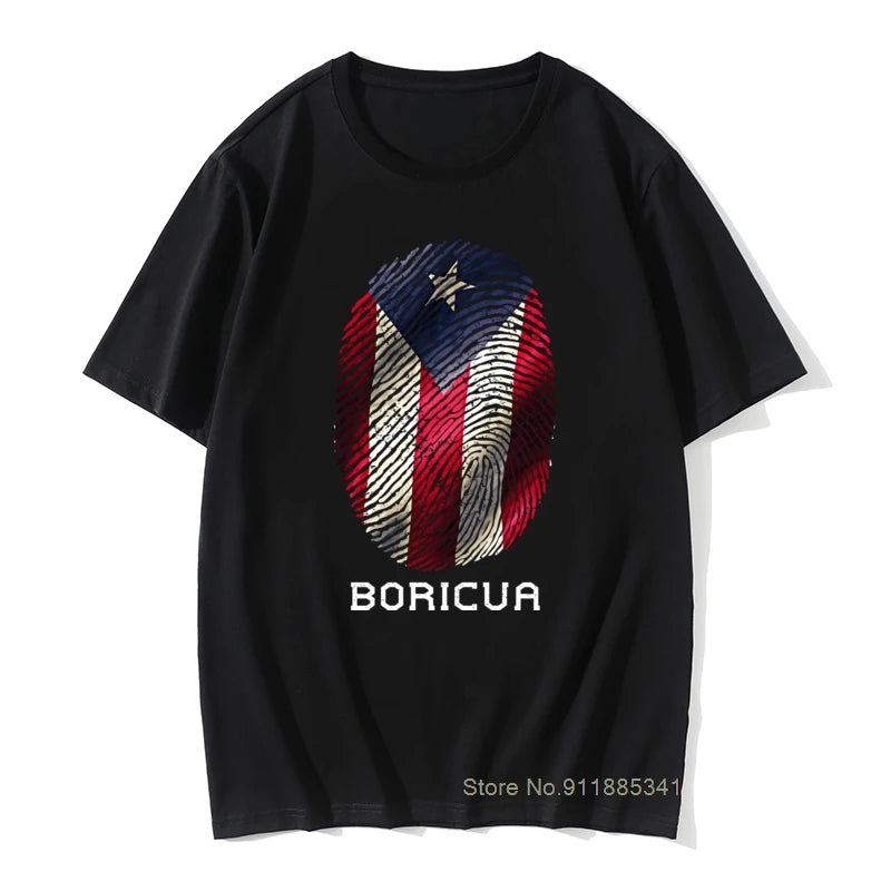 Puerto Rico Gifts T-shirt Men Flag T Shirt Fingerprint Tops Tees Vintage Striped Tshirts Summer 100% Cotton Cute Black Red