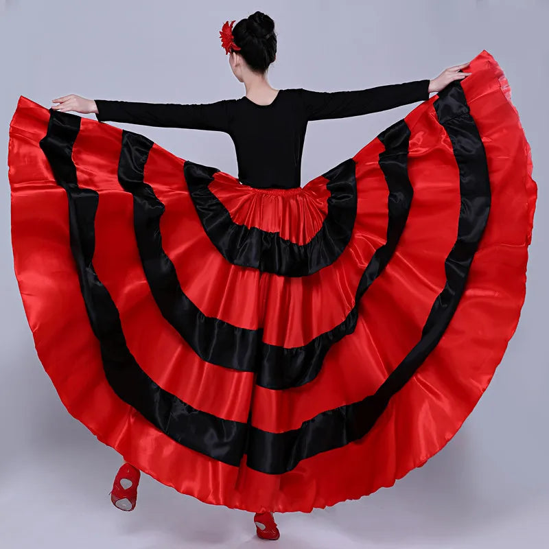 Women Spanish Flamenco Bullfight Dance Skirt Red Black Striped Swing Long Skirt Belly Dance Folk Performance Dance Half Skirt
