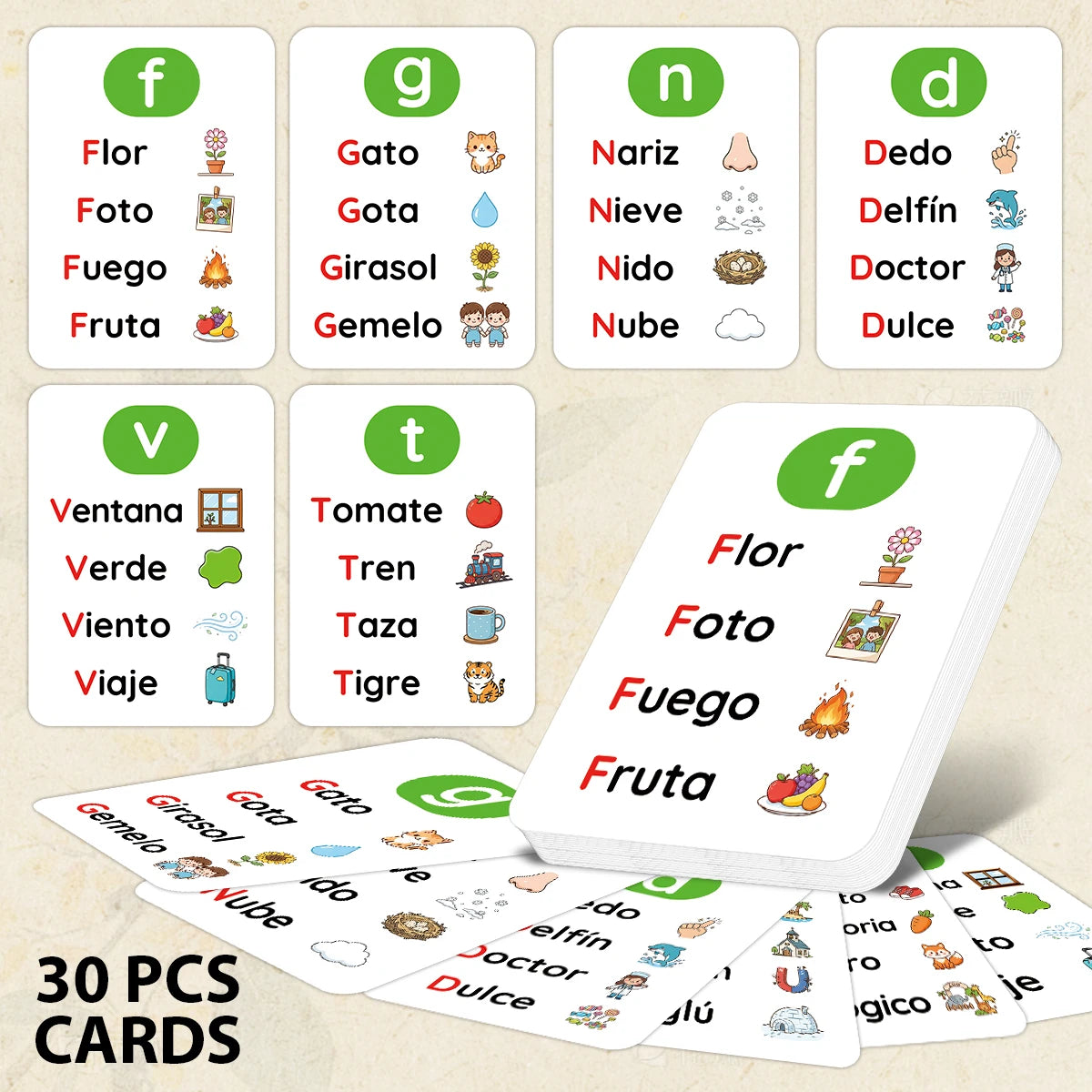 30pcs Spanish Alphabet Phonics Flashcards,Early Learning Spanish Pronunciation Cards,Preschool Homeschool Language Teaching Card