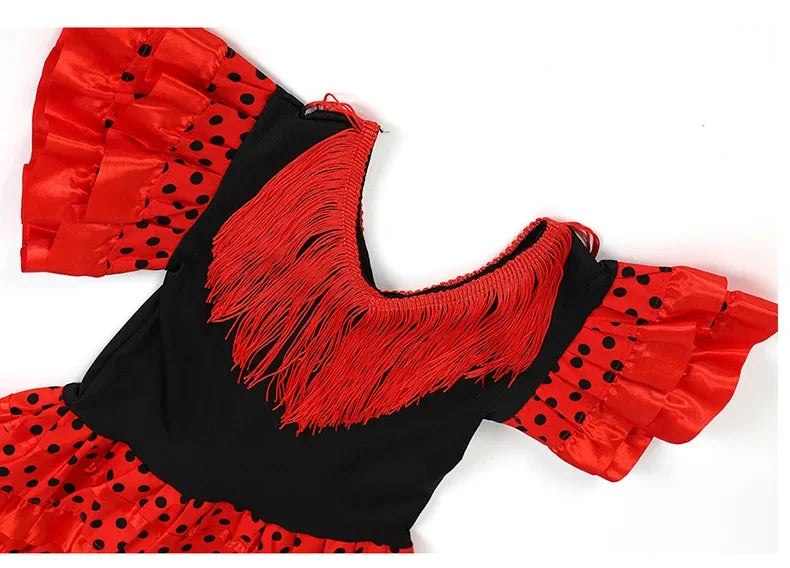 Girls Spanish Flamenco Dance Cosplay Long Dress Kids Carnival Ballroom Stage Outfit for Festival Theme Party Dress‑Up
