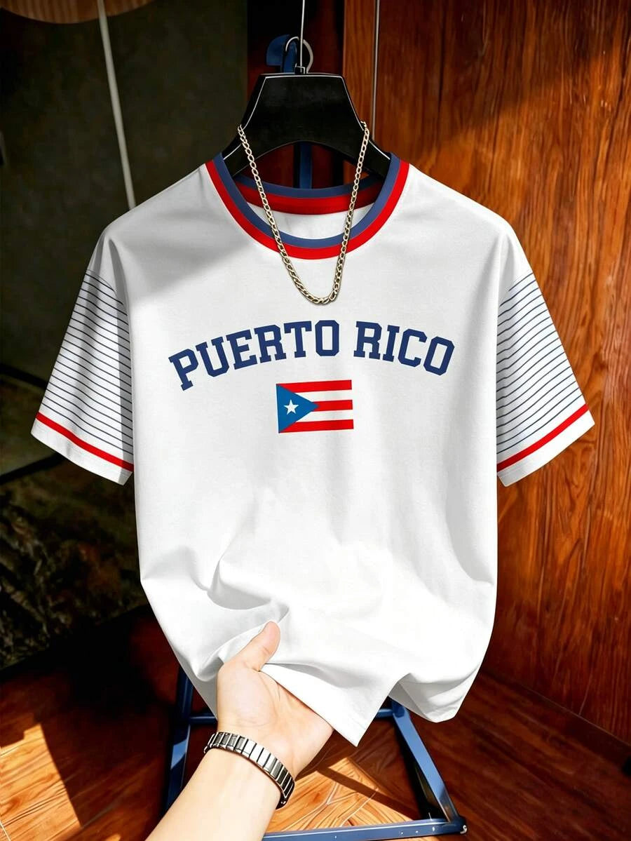 2026 Puerto Rico Patriotic Letter 3D Print Striped Raglan Sleeve Crew Neck T-Shirt Unisex Casual Streetwear Short Sleeve Top