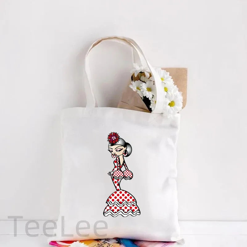 Flamenco Canvas Shoulder Tote Bag Printing Flamenca Spain Sevilla Seville Reusable Grocery Bag Women's Large Shopping Handbags