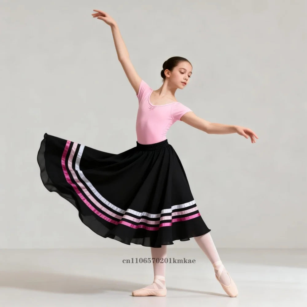 Spanish Traditional Flamenco Dance Skirts Girls Chiffon Elastic Waist Full Circle Ribbons Skirt Large Swing Performing Skirts