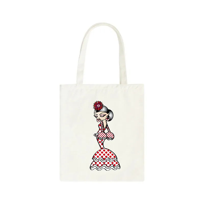 Flamenco Canvas Shoulder Tote Bag Printing Flamenca Spain Sevilla Seville Reusable Grocery Bag Women's Large Shopping Handbags