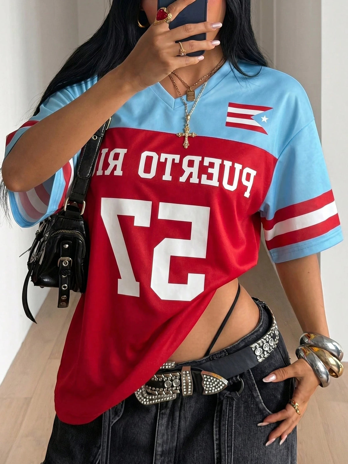 Red and Blue Retro Puerto Rico Style 23 Sports Jersey T Shirt Summer Short Sleeve Loose Fit Sporty Stylish Y2K Women Tops Tee