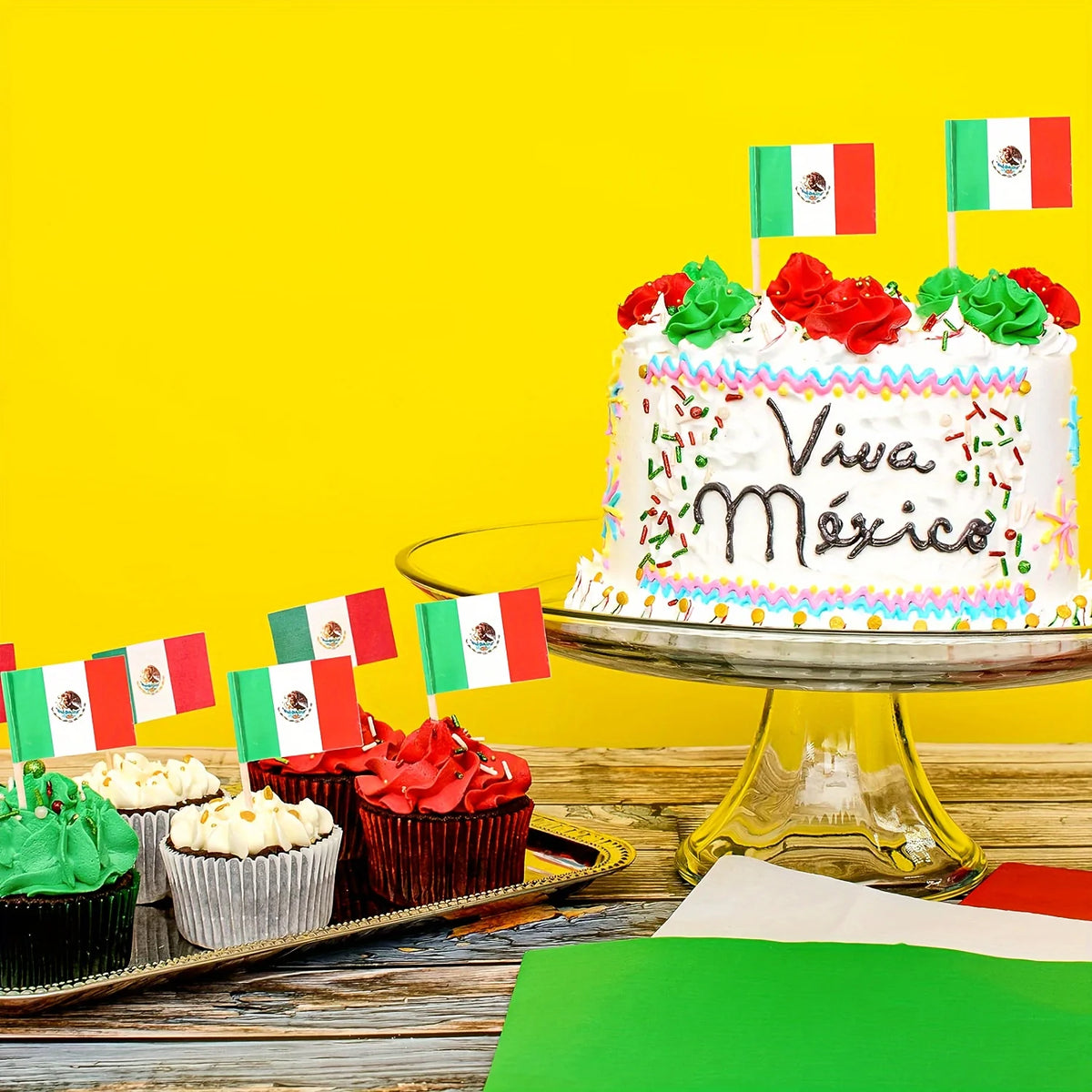 100pcs Mexican Toothpick Flags, Cupcake Topper Decorated With Mexican Flag, Mini Baton Flag Decorated With Food Picks