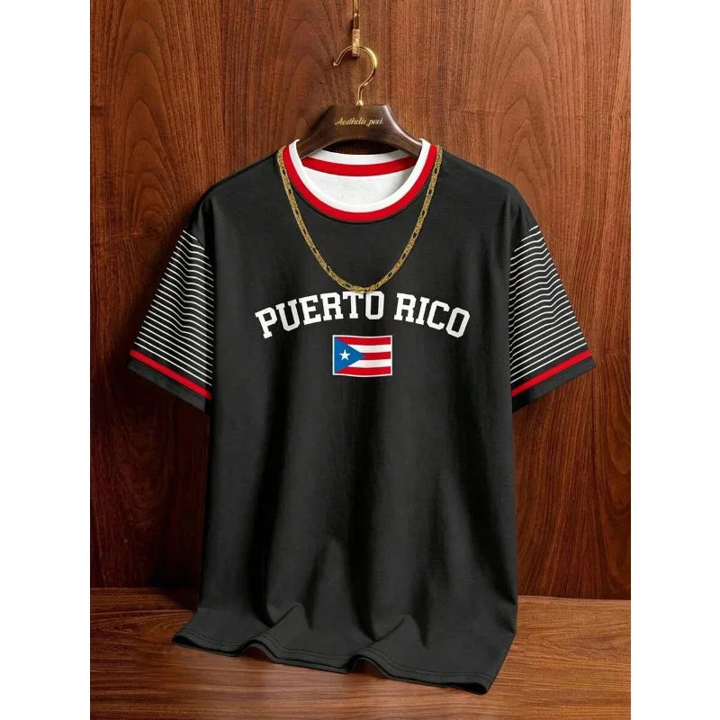 2026 Puerto Rico Patriotic Letter 3D Print Striped Raglan Sleeve Crew Neck T-Shirt Unisex Casual Streetwear Short Sleeve Top