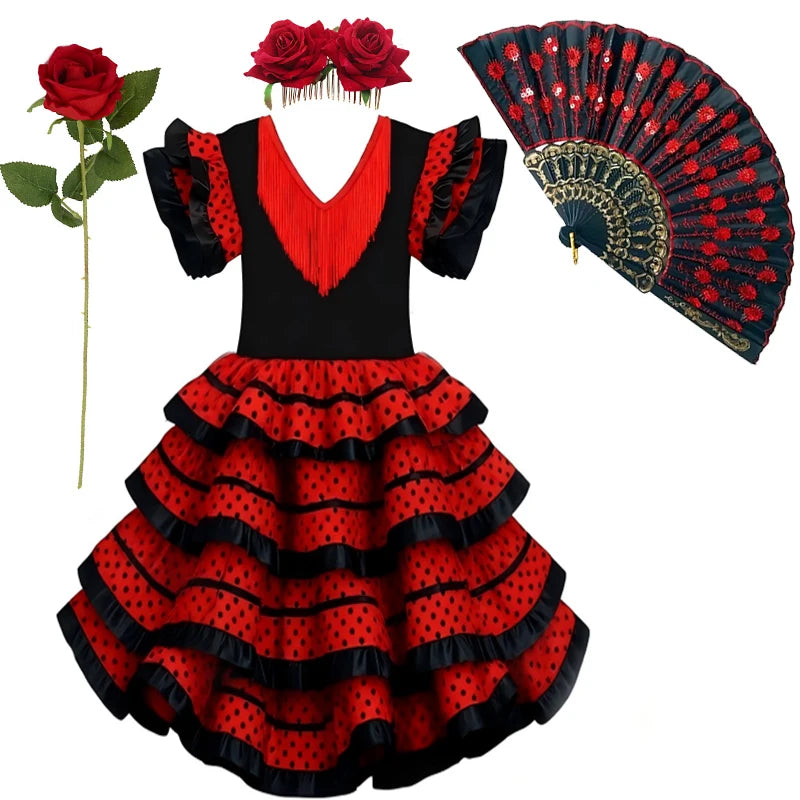 Girls Spanish Flamenco Dance Cosplay Long Dress Kids Carnival Ballroom Stage Outfit for Festival Theme Party Dress‑Up