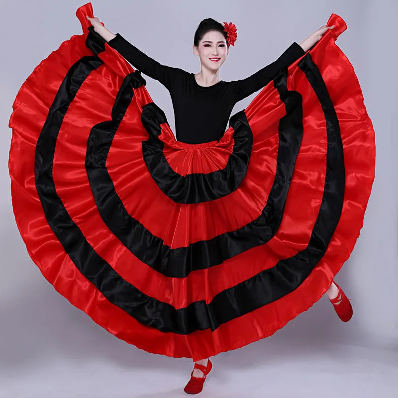 Women Spanish Flamenco Bullfight Dance Skirt Red Black Striped Swing Long Skirt Belly Dance Folk Performance Dance Half Skirt