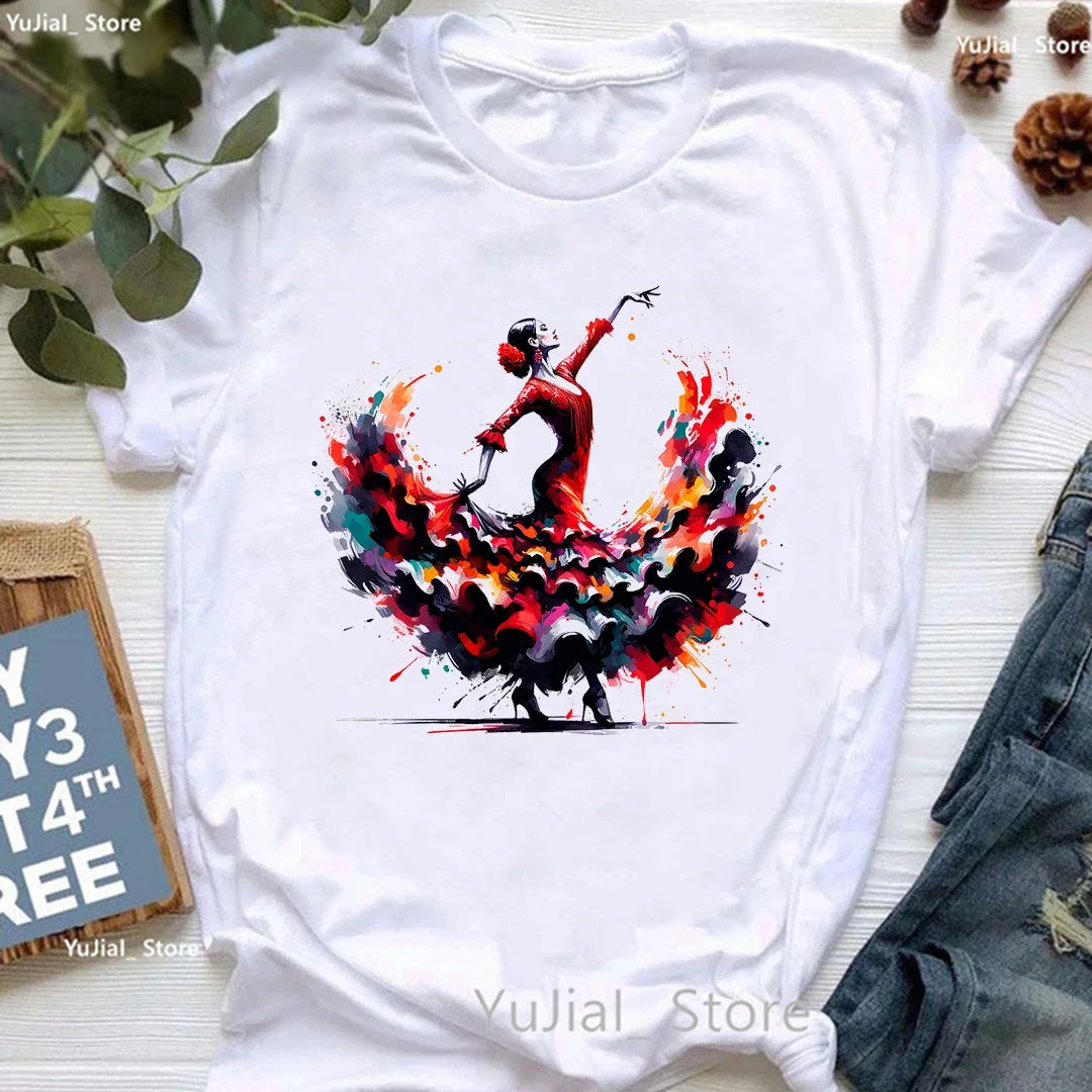 Flamenco Dancer Printed T Shirt Women'S Clothing White Pink Beautiful Tshirt Female Summer Fashion Tops Tee Shirt Femme