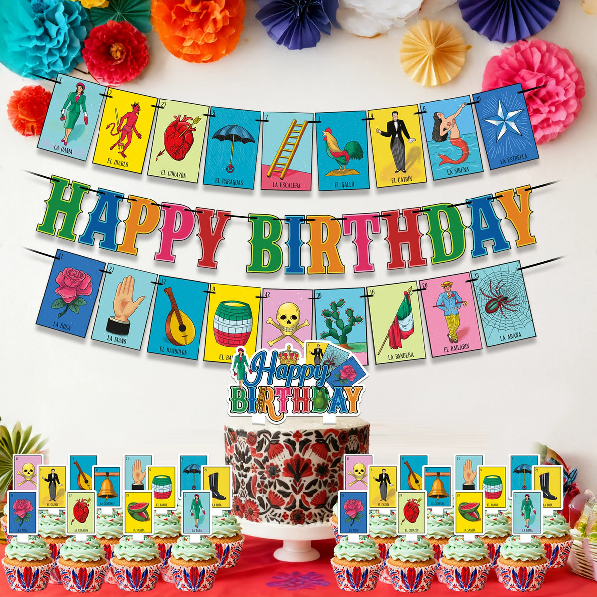 Traditional Colorful Mexican Decoration, Pre-strung Mexican Game Theme Birthday Banner & Cake Cupcake Topper