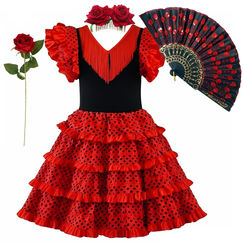 Girls Spanish Flamenco Dance Cosplay Long Dress Kids Carnival Ballroom Stage Outfit for Festival Theme Party Dress‑Up