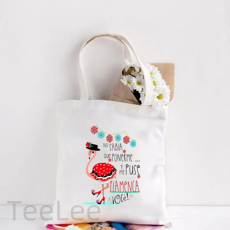 Flamenco Canvas Shoulder Tote Bag Printing Flamenca Spain Sevilla Seville Reusable Grocery Bag Women's Large Shopping Handbags