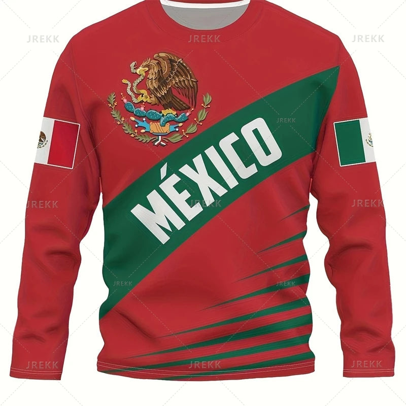 Mexican Flag Map 3D Printing Long Sleeve T Shirt Mexico Flag AZTEC Graphic  Long Sleeve Crew Neck Shirt Oversized T Shirt Men
