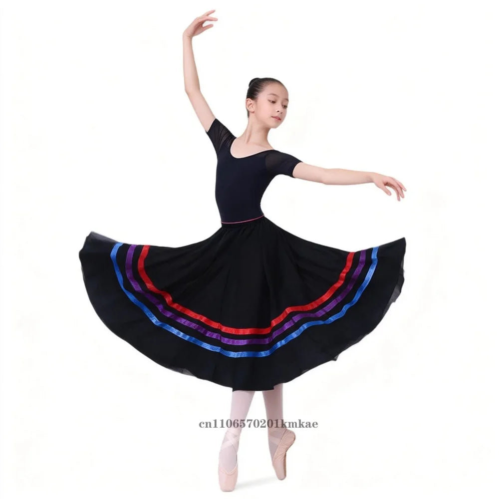 Spanish Traditional Flamenco Dance Skirts Girls Chiffon Elastic Waist Full Circle Ribbons Skirt Large Swing Performing Skirts