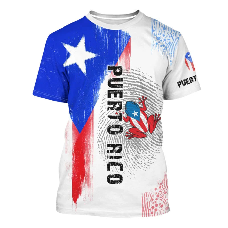Puerto Rico Flag Pattern T-Shirt Men Frog National Emblem 3D Printed Short Sleeve Tees Summer Street Loose Tops O-Neck T Shirts