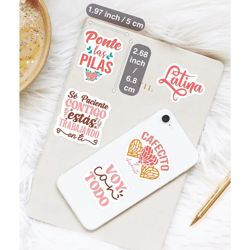 48pcs Latina Positive Quote Stickers Spanish Sayings Waterproof Water Bottle Stickers Scrapbooking Skateboard Luggage Stickers
