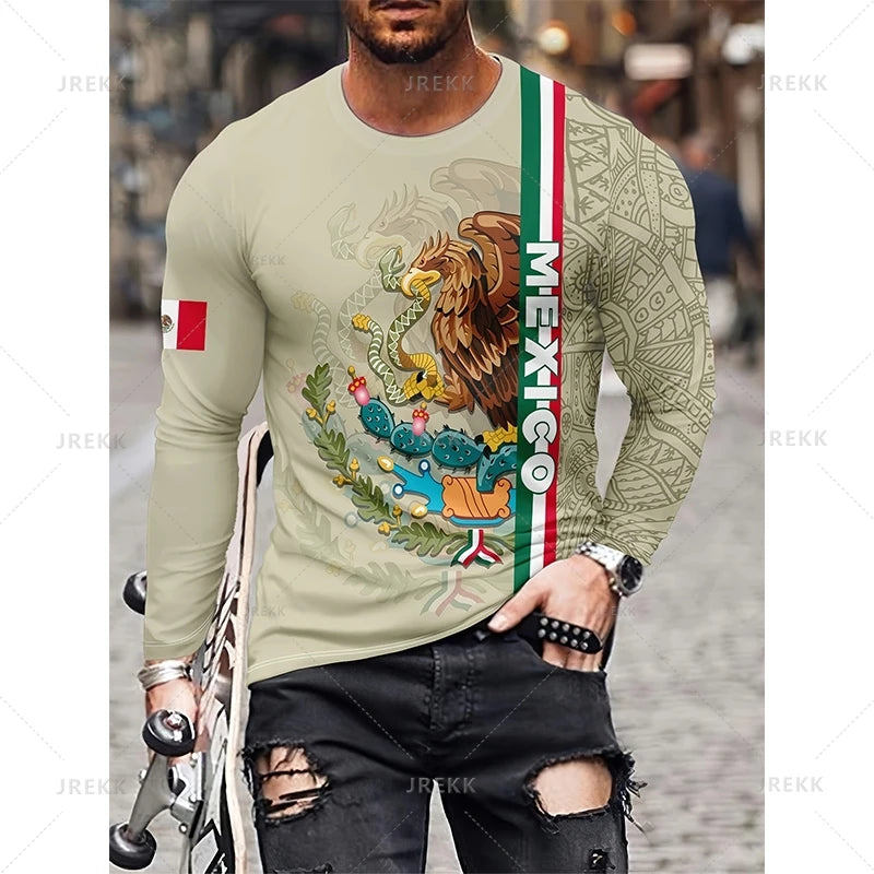 Mexican Flag Map 3D Printing Long Sleeve T Shirt Mexico Flag AZTEC Graphic  Long Sleeve Crew Neck Shirt Oversized T Shirt Men