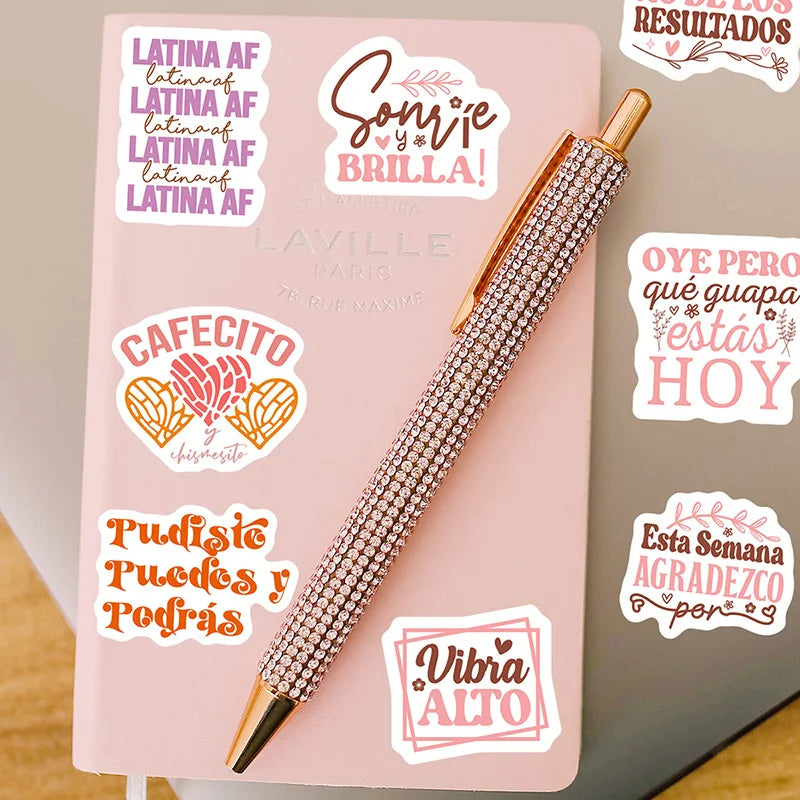 48pcs Latina Positive Quote Stickers Spanish Sayings Waterproof Water Bottle Stickers Scrapbooking Skateboard Luggage Stickers