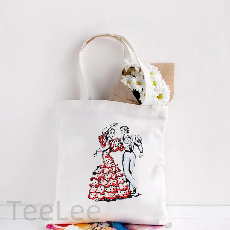 Flamenco Canvas Shoulder Tote Bag Printing Flamenca Spain Sevilla Seville Reusable Grocery Bag Women's Large Shopping Handbags