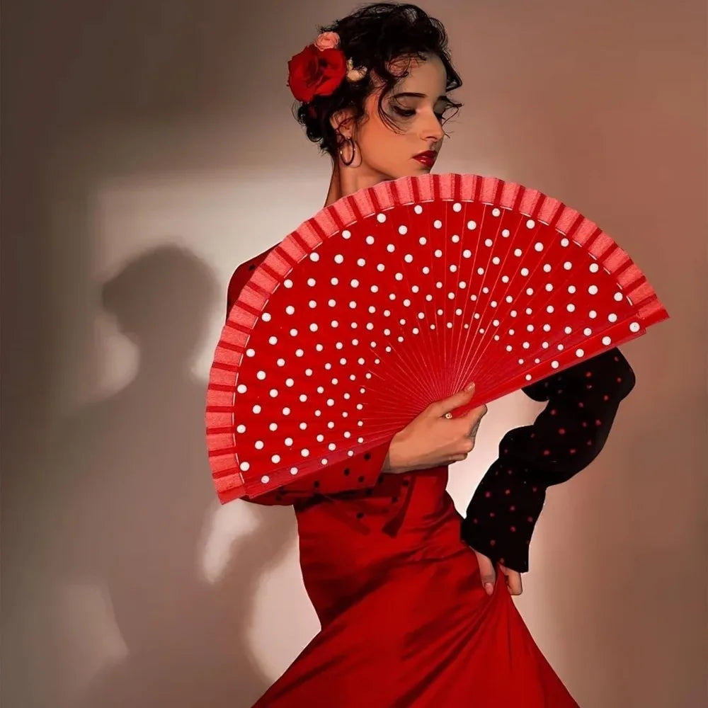 Elegant Accessory Wood Flamenco Fan Handheld Classical Spanish Fan Dots Pattern Decorative Hand Fan Dance Parties