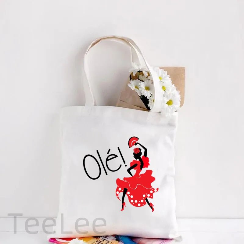 Flamenco Canvas Shoulder Tote Bag Printing Flamenca Spain Sevilla Seville Reusable Grocery Bag Women's Large Shopping Handbags