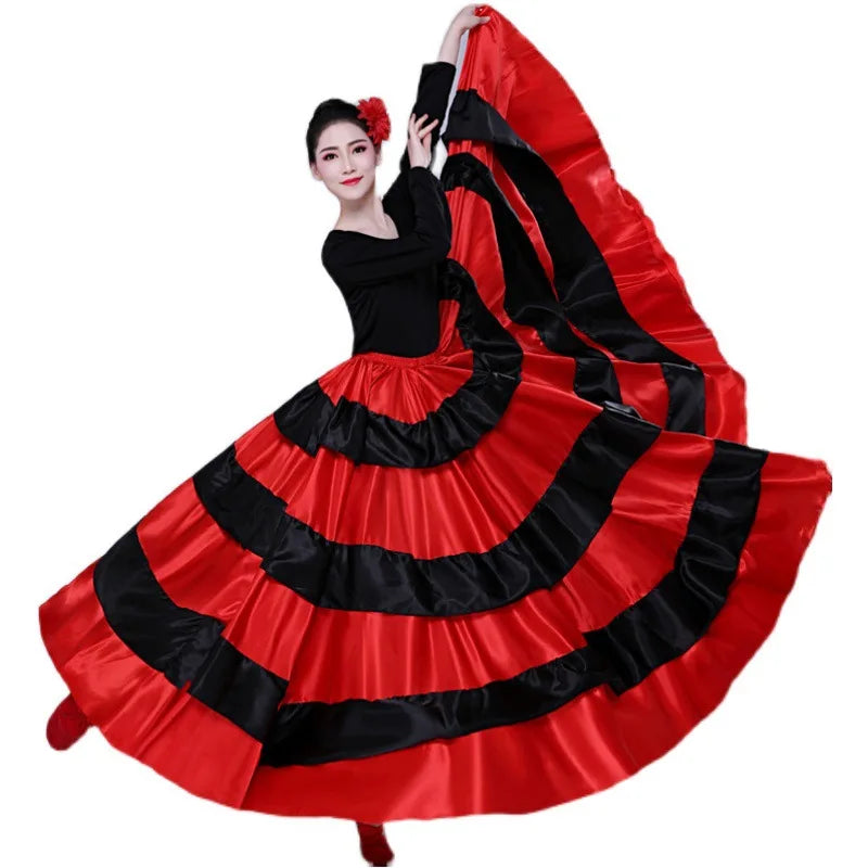 Women Spanish Flamenco Bullfight Dance Skirt Red Black Striped Swing Long Skirt Belly Dance Folk Performance Dance Half Skirt