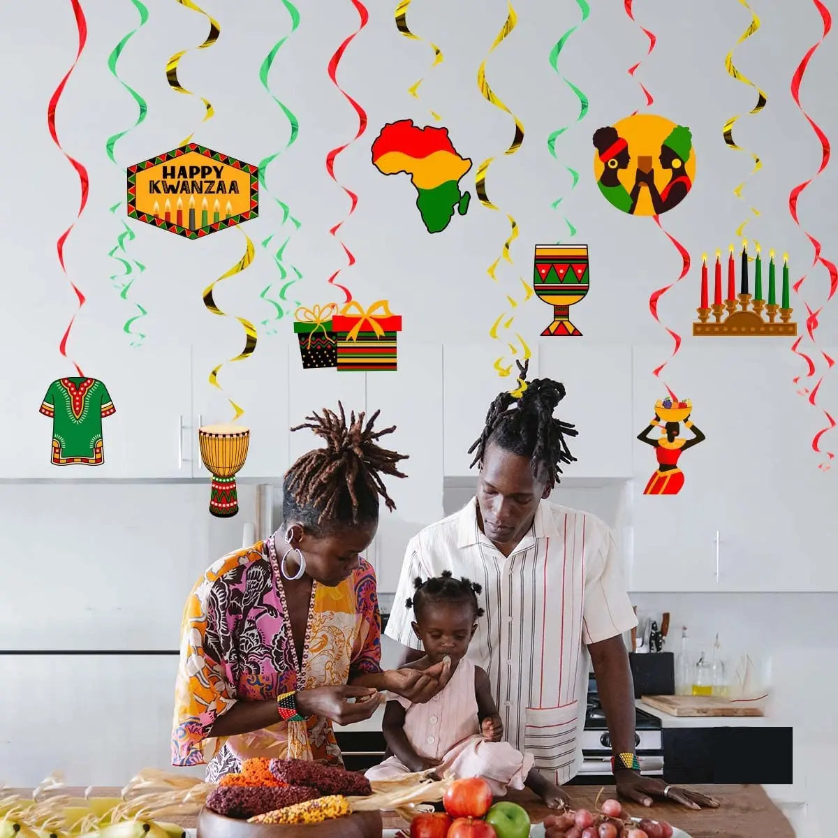 Happy Kwanzaa-African Heritage Holiday Decorations, Party Supplies, Hang Swirls, Celebration for Mantel, Fireplace Decor